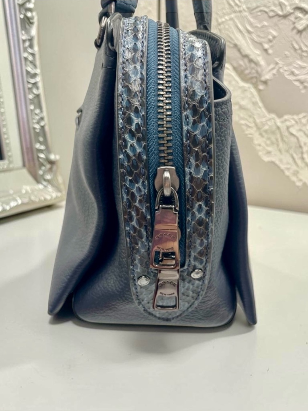 *SOLD* COACH Drew Satchel Navy Snakeskin Detail Top Handle Bag Crossbody - Picture 10 of 11